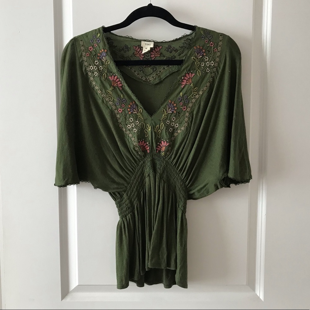 Green Anthropologie Top - Embroidered Floral Print